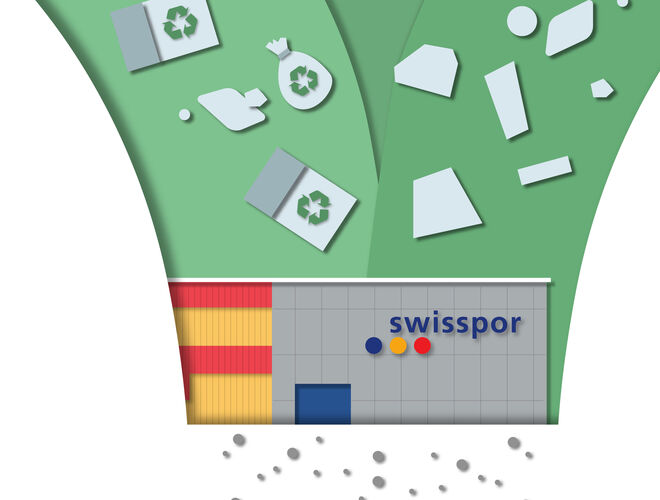 Das Recyclingwerk in Boswil wo EPS/XPS recycelt wird. Trichter EPS-/XPS-Recycling swisspor