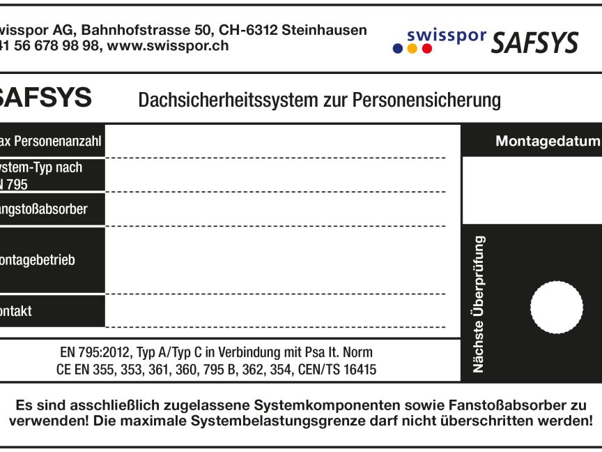SAFSYS Seilsystem Systemschild beschriftet SAFSYS Seilsystem Systemschild beschriftet