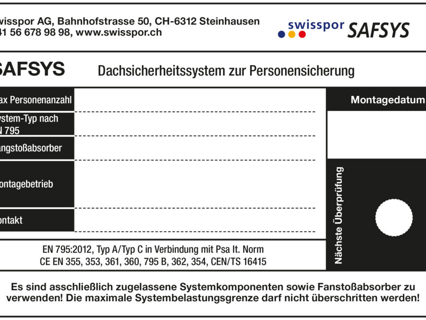 SAFSYS Ligne de vie plaquette du système labellisé