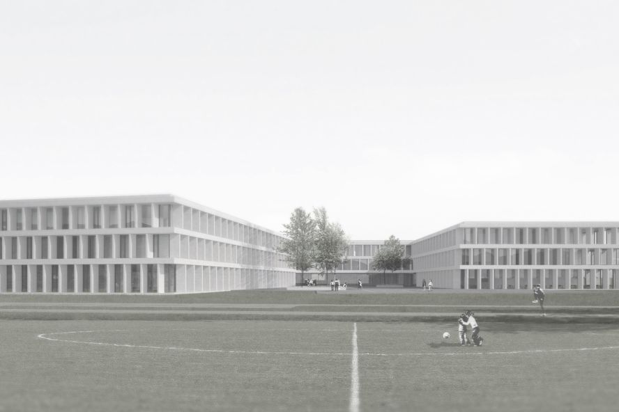 3D-Modell des fertigen Gebäudes mit Umgebung und Fussballplatz